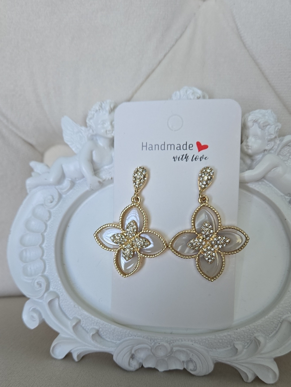 Gold Floral Clover Drop Earrings W/ Crystal Accents, NWT